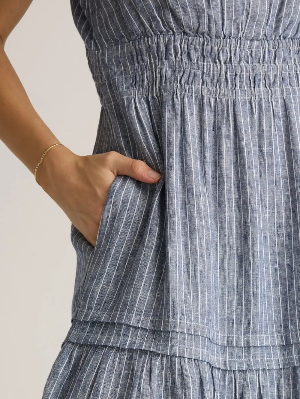 Quince Linen Tiered Maxi Dress In Chambray Stripe Sime M - Picture 5 of 11